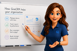 Learn with GiveCRM training illustration with Allie explaining how GiveCRM helps an organization