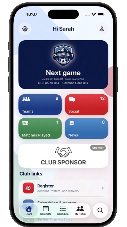 The ClubAlly home screen on a phone: Carolina Elite Soccer crest, next game, teams, social, results, news, club sponsor and club links