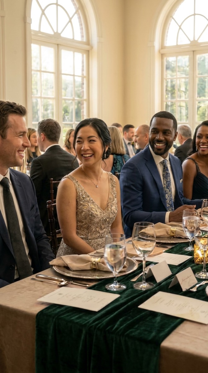Guests at a fundraising gala dinner, laughing at a candlelit table