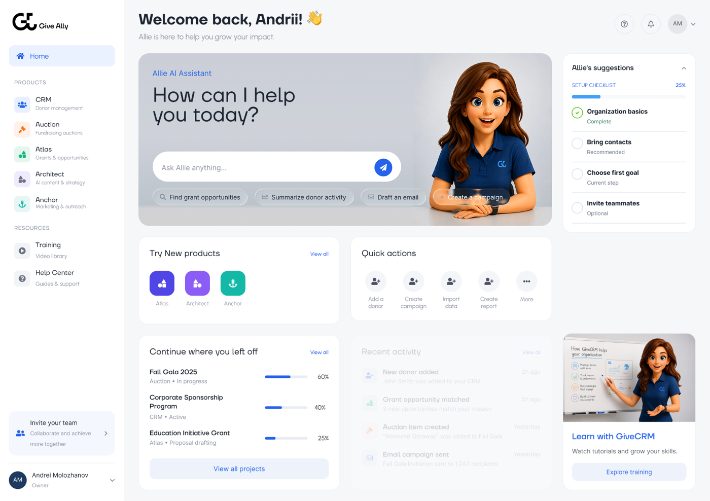 GiveAlly workspace showing Allie and unified nonprofit modules in one shared system