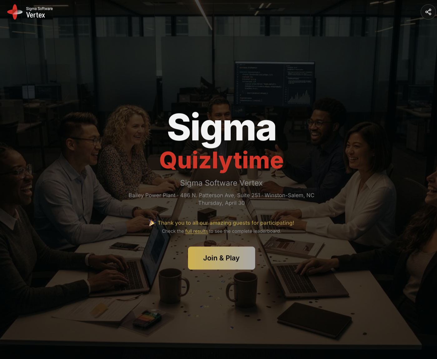 The Sigma Quizlytime event page: white and red wordmark over a photograph of a meeting, with a Join and Play button
